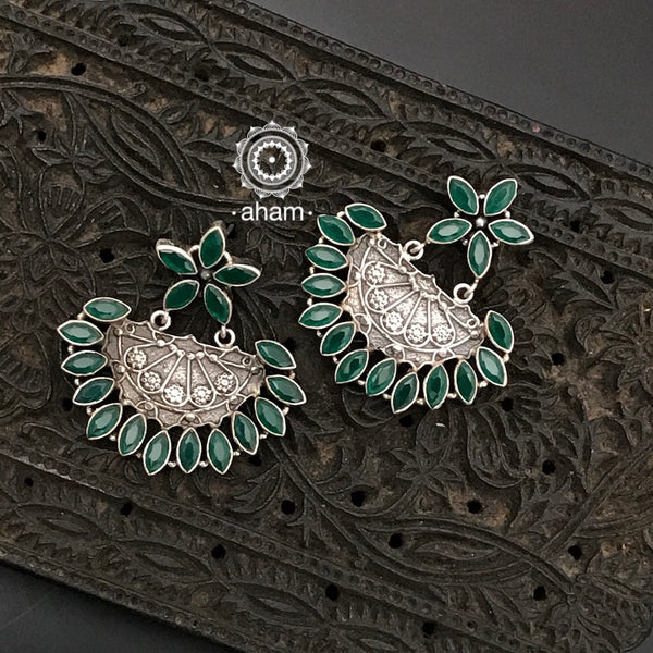 92.5 Sterling Silver Earrings with green coloured stones.