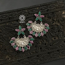92.5 Sterling Silver Earrings with green and maroon coloured stones.