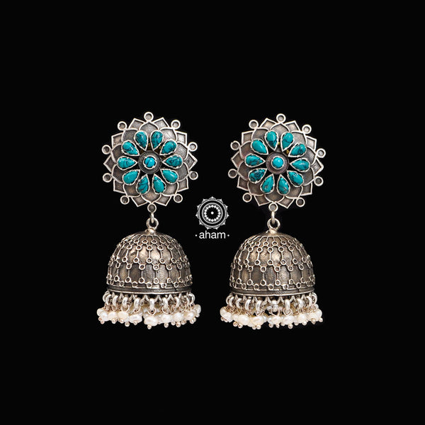 Statement Jhumkie handcrafted in 92.5 sterling silver with turquoise colour stones Dress like the Queen you are born to be!