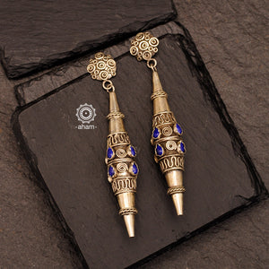 Summer Love earrings with lapiz coloured stones handcrafted in 92.5 sterling silver. Long statement earrings that look great with both ethnic and western outfits.
