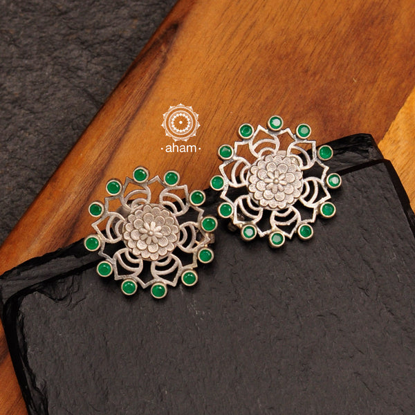 Everyday wear Summer Love flower studs. Handcrafted in silver with green coloured stone highlights. 