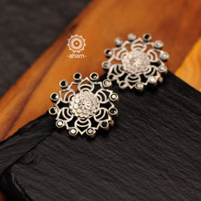 Everyday wear Summer Love flower studs. Handcrafted in silver with black coloured stone highlights. 