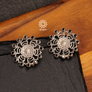 Everyday wear Summer Love flower studs. Handcrafted in silver with black coloured stone highlights. 