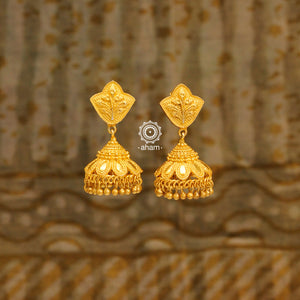 Light weight gold polish jhumkie earrings, handcrafted in 92.5 sterling silver. Perfect to wear them to work and family gatherings.