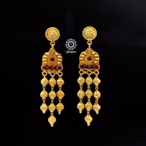 Catch everyone's attention with this beautiful Sterling Silver (92.5%) uniquely designed earring. Crafted using ancient South Indian antique gold temple jewellery technique,  the entire piece is made in pure silver and dipped in gold.