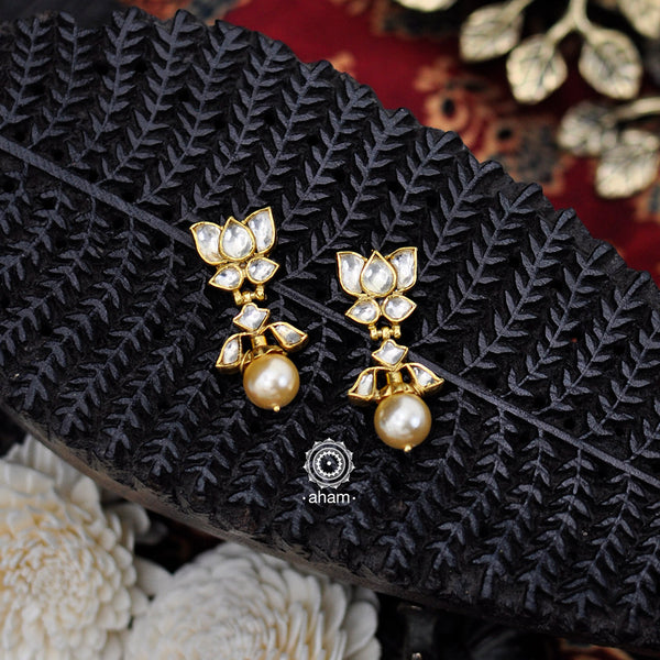 Stunning pair of Lotus Kundan earrings with pearl drop.  Perfect to wear at your friends engagement or for upcoming festivals. 