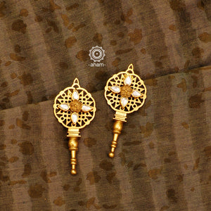 Elegant gold polish floral earrings, handcrafted in 92.5 sterling silver. Lightweight pair perfect for upcoming festive celebrations. 
