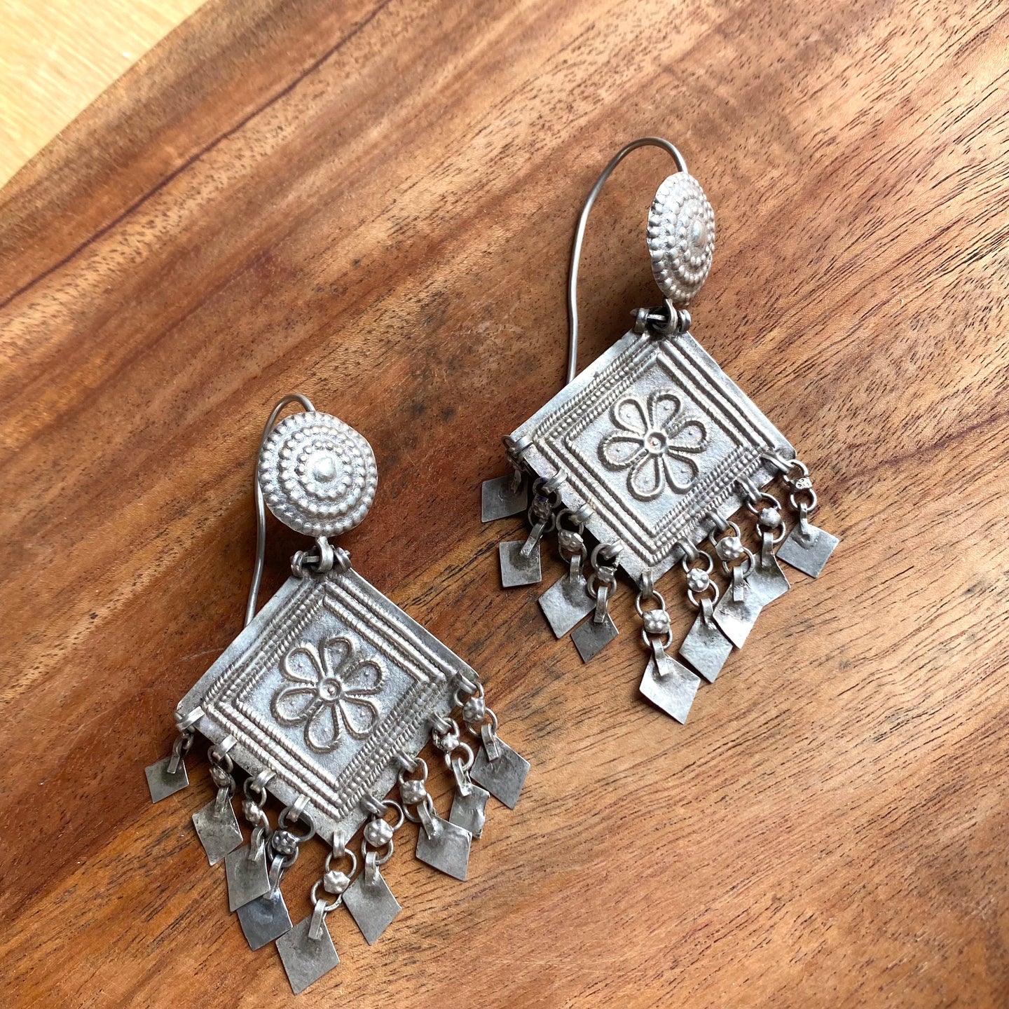 Light weight tribal silver earrings.  So easy to wear them day long. 