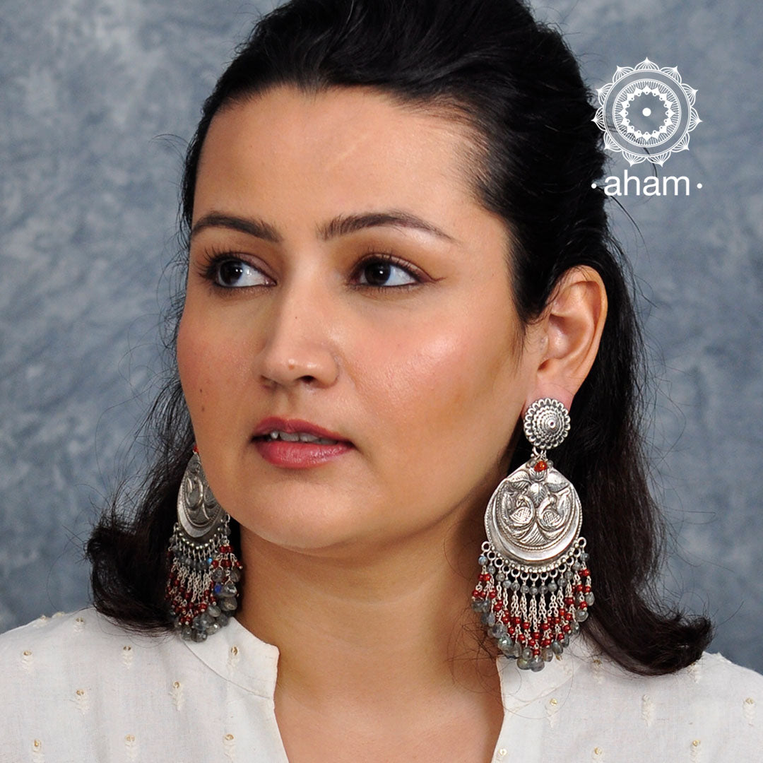 Beaded Beauty! 92.5 Sterling Silver Ruhi Earring with semi precious stone setting. 