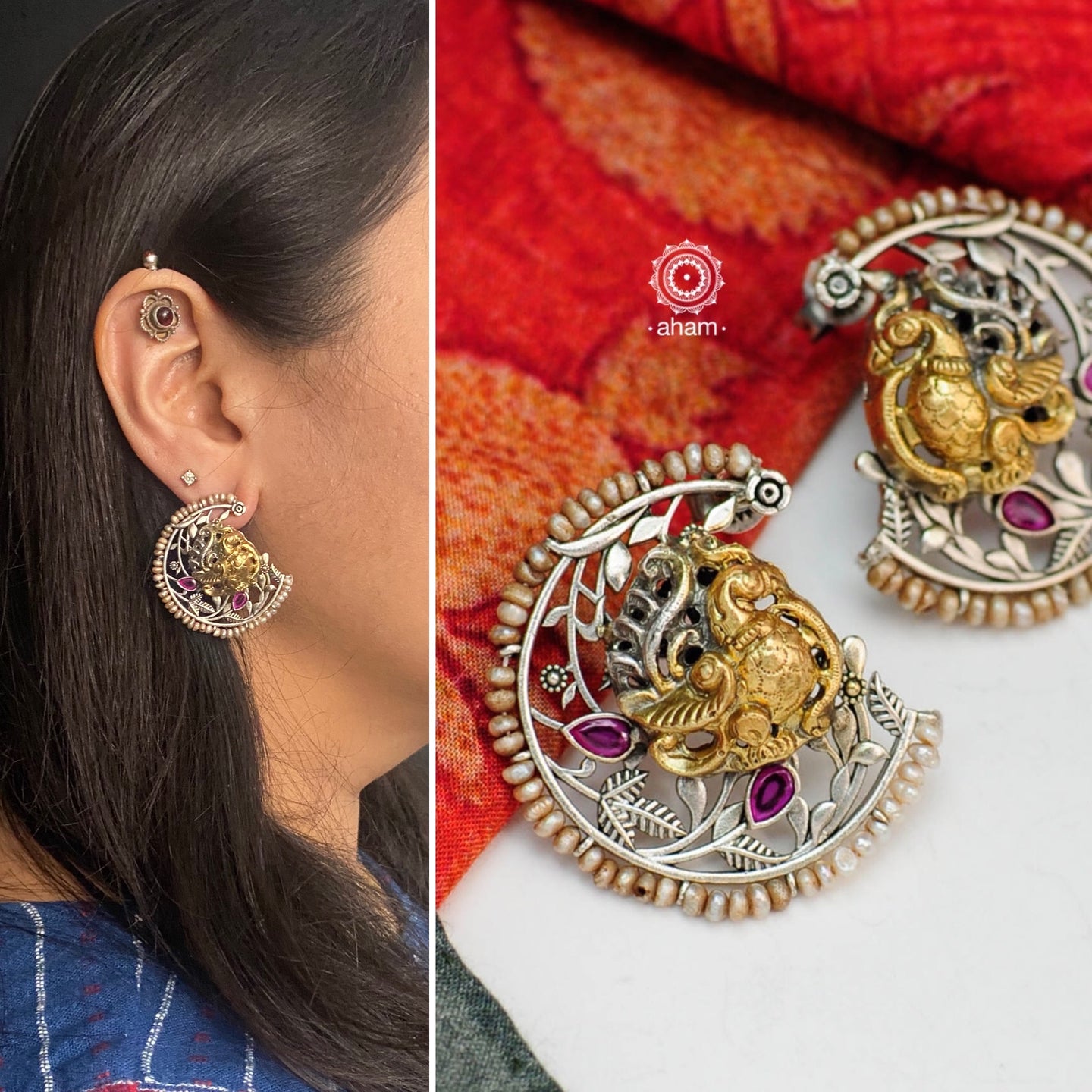 Noori two tone earrings with intricate floral work. Handcrafted in 92.5 sterling silver with Peacock motif and embellished cultured pearls. Style this up with your favourite ethnic or fusion outfit.