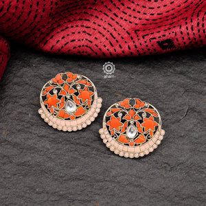 Beautiful oversized stud earrings. Handcrafted in 92.5 sterling silver with floral motifs, semi precious stones. Can be paired with both ethnic and western outfits. 