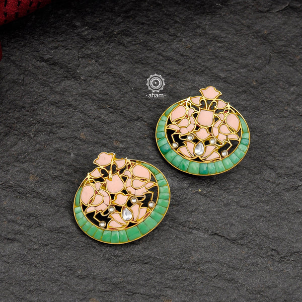 Beautiful Ira gold polish stud earrings. Handcrafted in 92.5 sterling silver with elegant peacock and lotus motifs, semi precious stones. Can be paired with both ethnic and western outfits. 