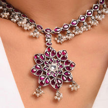 Nrityam Maroon Flower Silver Neckpiece