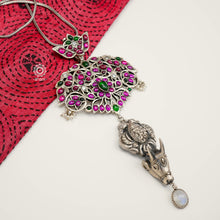 One of a Kind Nrityam neckpiece crafted in 92.5 silver with beautiful kemp setting, Gandaberunda and Nandi Motif 