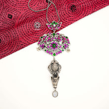 One of a Kind Nrityam neckpiece crafted in 92.5 silver with beautiful kemp setting, Gandaberunda and Nandi Motif 