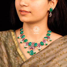 Handcrafted 92.5 sterling silver short crescent neckpiece and paisley earrings set with kemp stone setting, green onyx semi precious stones and cultured pearls.