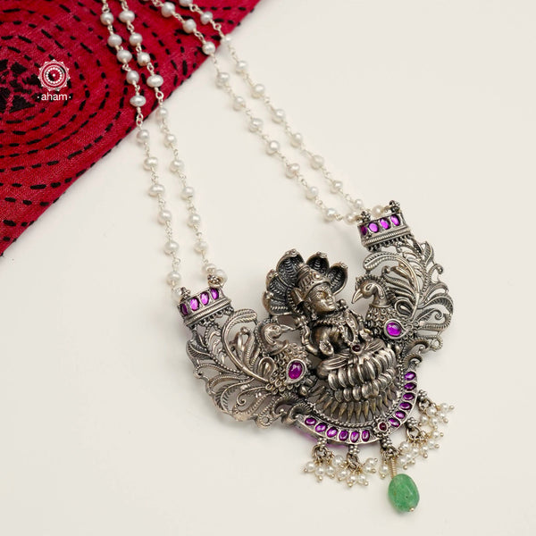Beautiful Nakashi work goddess Lakshmi Pendant with kemp stone and pearl highlights and pearl chain. Crafted in 92.5 silver by our master craftsman. 
