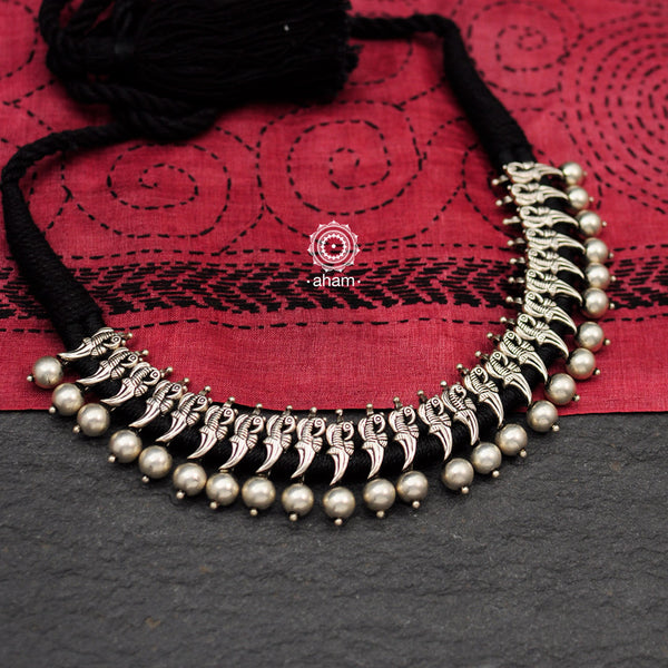 Handcrafted Mewad silver short neckpiece with intricate parrot motifs. Can be paired with both ethnic and western outfits.