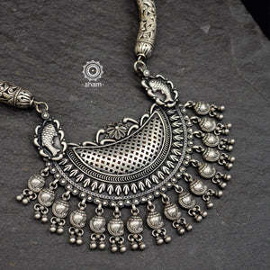 Statement Mewad Silver Neckpiece crafted in 92.5 silver.  This stunning piece is a combination of Chitai work Hasli and a beautiful pendant. 