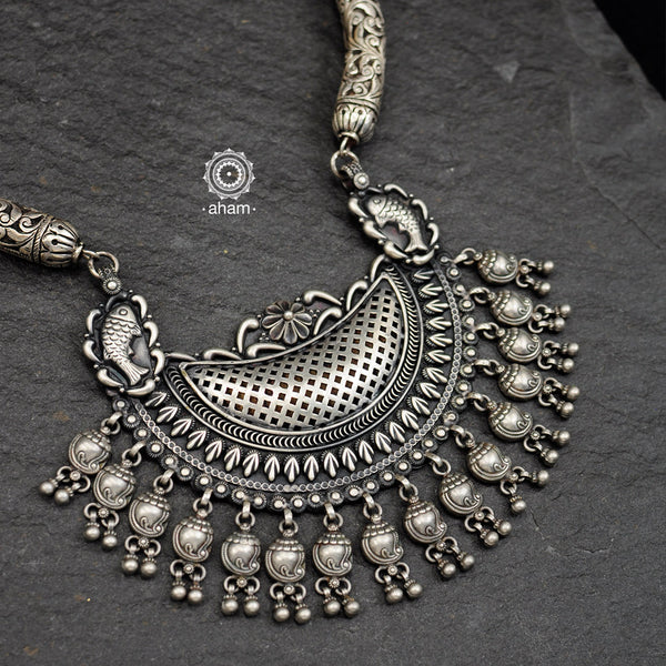 Statement Mewad Silver Neckpiece crafted in 92.5 silver.  This stunning piece is a combination of Chitai work Hasli and a beautiful pendant. 