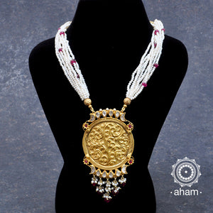 Handcrafted 92.5 sterling Silver Neckpiece with gold polish and kundan work.   The strand of cultured pearls add to the charm and beauty of this piece 