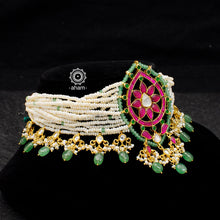 Beautiful handcrafted gold polish sterling silver choker with moghul Inspired semi precious gem setting, kundan and pearl work. Delicate handwork, perfect for festivities 