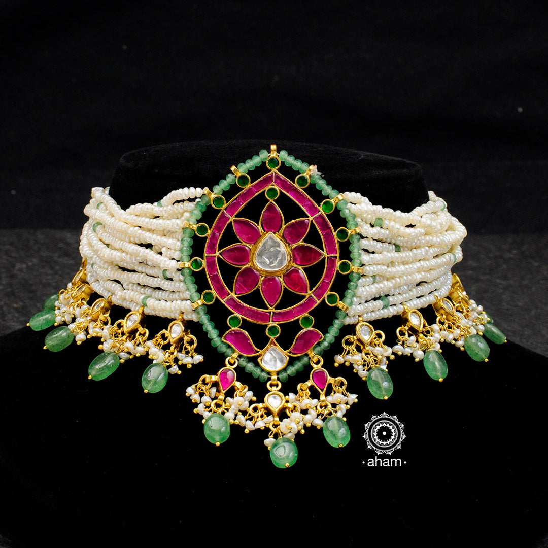 Beautiful handcrafted gold polish sterling silver choker with moghul Inspired semi precious gem setting, kundan and pearl work. Delicate handwork, perfect for festivities 