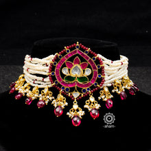 Beautiful handcrafted gold polish sterling silver lotus choker with moghul Inspired semi precious gem setting, kundan and pearl work. Delicate handwork, perfect for festivities 
