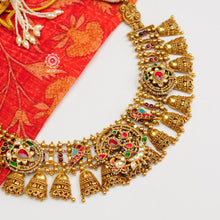 Traditional Jewellery perfect for family weddings.  Beautiful antique finish neckpiece set intricately embedded in the lustre of precious coloured stones. A stunning addition to your wedding look. The beautiful workmanship is something that can be cherished and passed on for generations to come. 