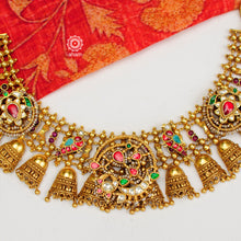 Traditional Jewellery perfect for family weddings.  Beautiful antique finish neckpiece set intricately embedded in the lustre of precious coloured stones. A stunning addition to your wedding look. The beautiful workmanship is something that can be cherished and passed on for generations to come. 
