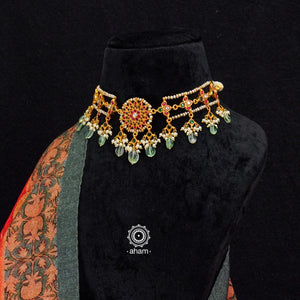 Flower Green Drop Gold Polish Silver Choker