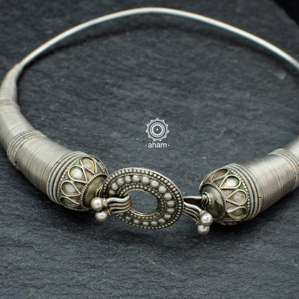 Neckpiece fit for a Maharani.  Gorgeous silver Hasli with wire work. We are in Love with this vintage tribal piece.