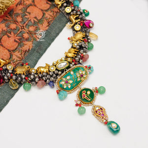 One of a kind statement wearable art pieces.An eclectic mix of elements, with a play of colours, textures, forms and workmanship. Crafted in Silver with two tones that make them so versatile and unique. Modern Heirloom pieces that can be worn across generations. 