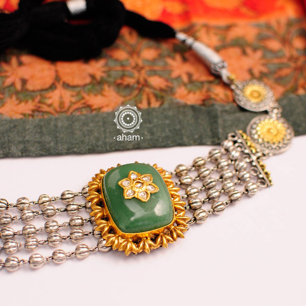 Statement Noori two tone choker with an elegant floral inlay work chalcedony stone. A meticulous mix of royalty and artistry, handcrafted in 92.5 sterling silver with layered ball chain and floral work. Perfect for intimate special occasions and festivities.