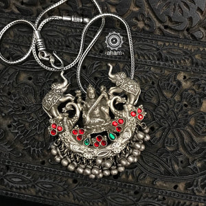 Tribal Saraswati silver pendant with elephant on either side. Beautiful handcrafted Chandbali from a bygone area converted into a pendant, that bring back memories and stories of that time. Wear it with a long chain or with a black thread, or layer them to create a distinct look. 