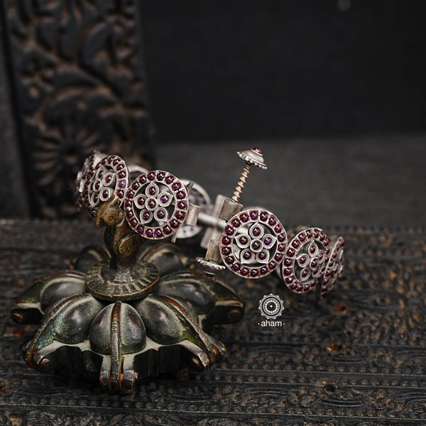 South Indian Traditional Handcrafted Silver Bangles Maroon Spinel Stone.