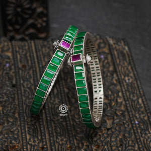 South Indian traditional handcrafted 92.5 sterling silver bangles with green spinel stones. Classic styles that never fade with time. 