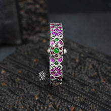 South Indian traditional handcrafted 92.5 sterling silver paisley kada with green and maroon spinel stone. Classic styles that never fade with time. 