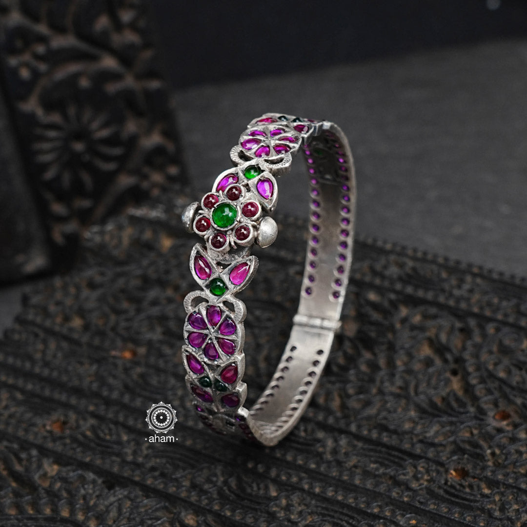 South Indian traditional handcrafted 92.5 sterling silver paisley kada with green and maroon spinel stone. Classic styles that never fade with time. 