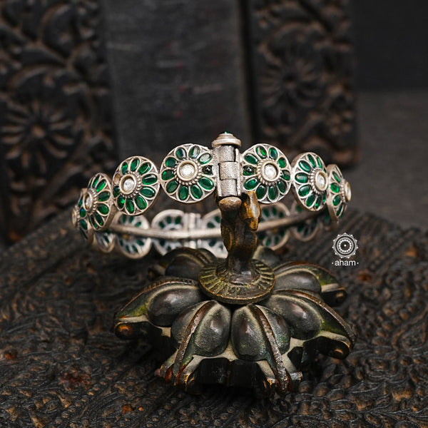 South Indian traditional handcrafted 92.5 sterling silver kada with green spinel stone. Classic styles that never fade with time. 