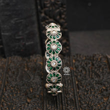 South Indian traditional handcrafted 92.5 sterling silver kada with green spinel stone. Classic styles that never fade with time. 