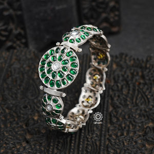 South Indian traditional handcrafted 92.5 sterling silver paisley kada with green spinel stone. Classic styles that never fade with time. 