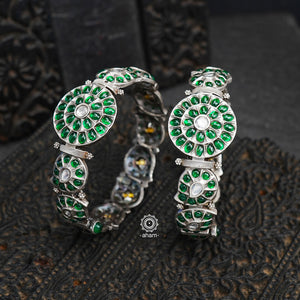South Indian traditional handcrafted 92.5 sterling silver paisley kada with green spinel stone. Classic styles that never fade with time. 