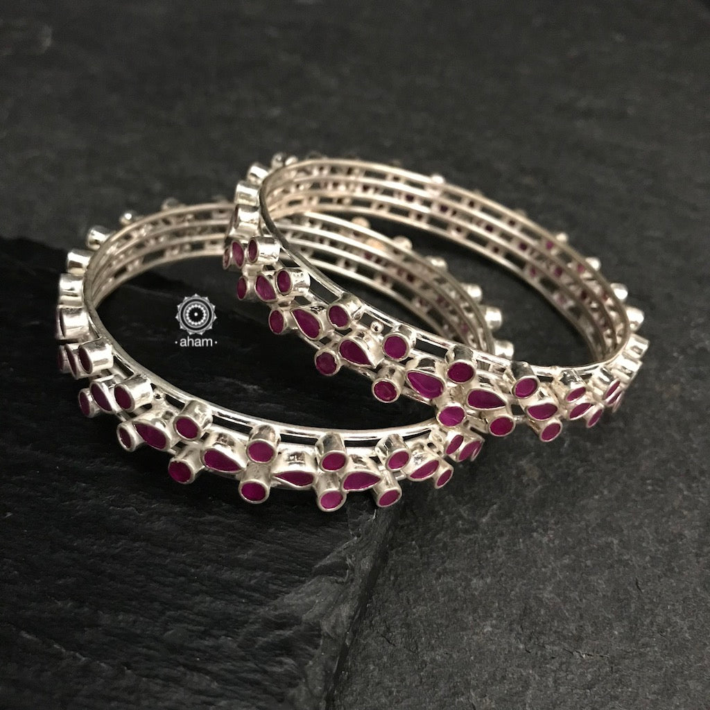 Handcrafted multi stone bangles in 92.5 sterling silver. Perfect everyday wear bangles with semi precious maroon stones. You can stack them or wear them alone. 