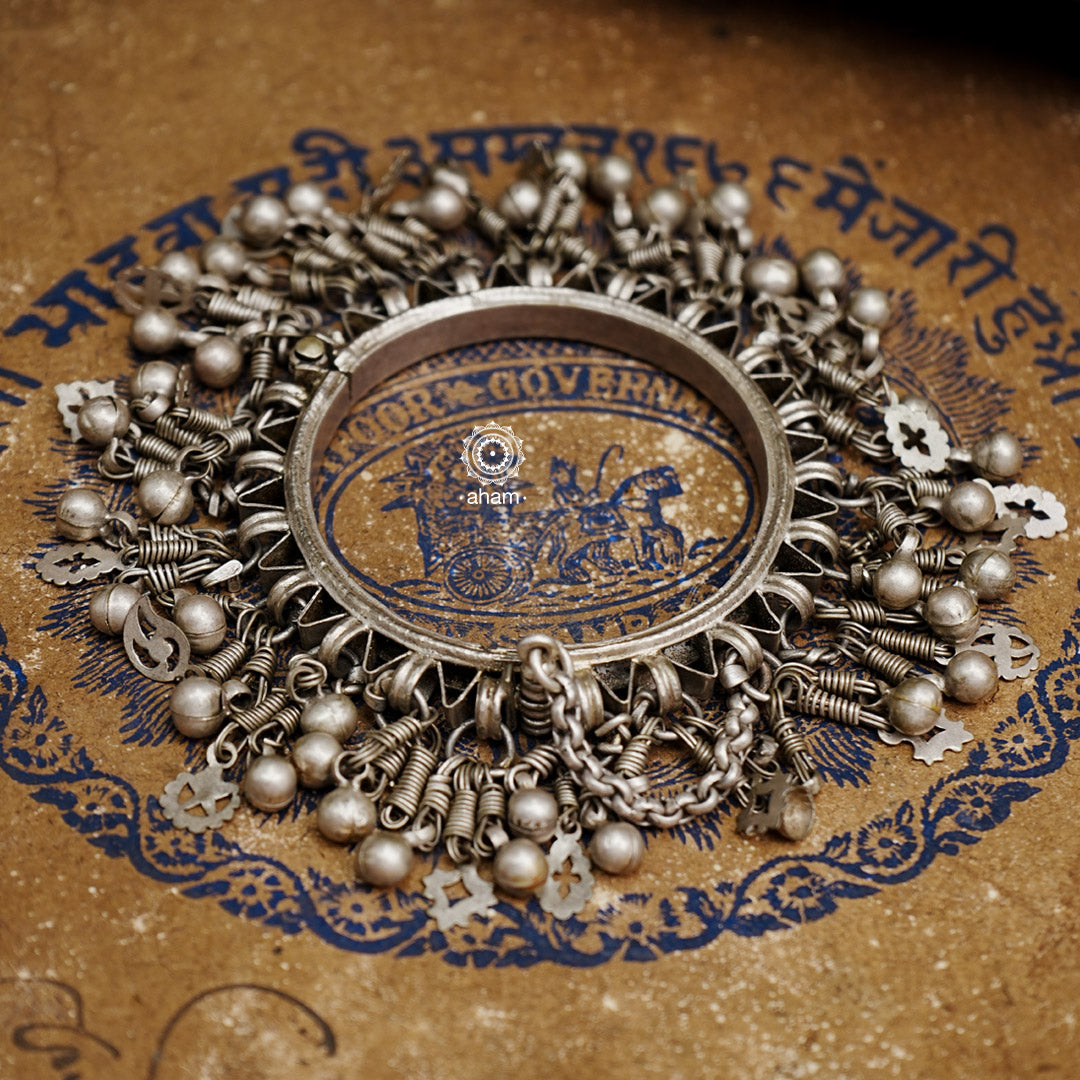 Handcrafted vintage silver kada with statement silver danglers.  