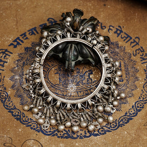 Handcrafted vintage silver kada with statement silver danglers.  
