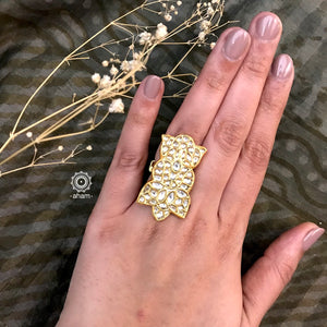 Festive kundan gold polish adjustable ring. Handcrafted in 92.5 sterling silver with elegant geometric designs. Perfect for special occasions and festivities.