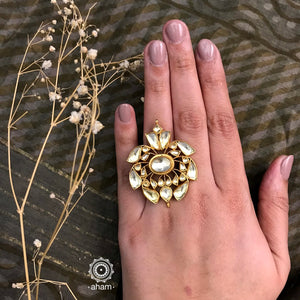 Festive gold polish adjustable ring including elegant kundan work, handcrafted in 92.5 sterling silver. Perfect for special occasions and festivities. 