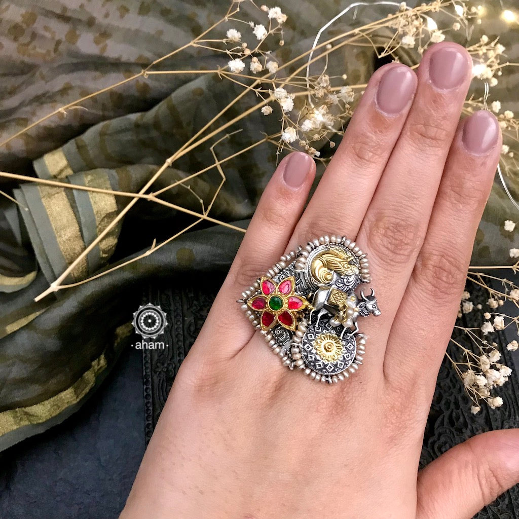 Noori two tone adjustable ring handcrafted in 92.5 sterling silver with nature inspired motifs and embellished cultured pearls.