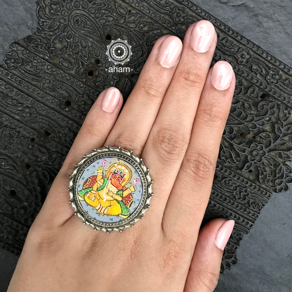 Silver Ring with an intricate hand painted Ganesha Motif in vibrant colours. 